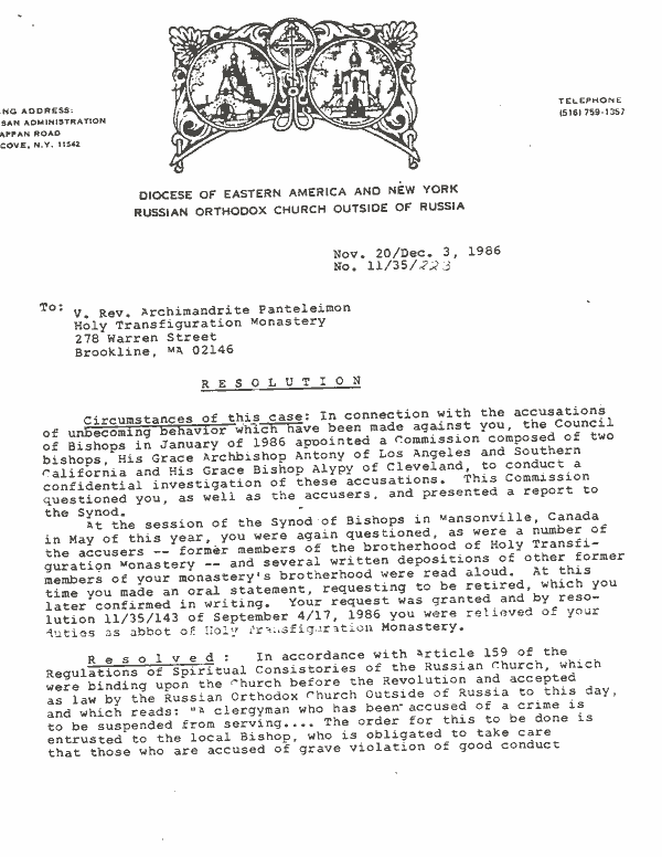 Letter Suspending Archimandrite Panteleimon - Page 1