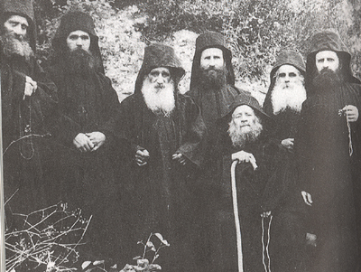 The Brotherhood of the Elder Joseph at New Skete. (L to R) Fr. Athanasios (brother of the Elder Joseph), Fr. Ephrem, Elder Arsenios (co-ascetic), Fr. Joseph the Younger, Elder Joseph, Fr. Theophylactos, Fr. Charalambos
